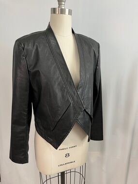 BCBGMaxAzria Black Leather Draped Open-Front Cropped Jacket
